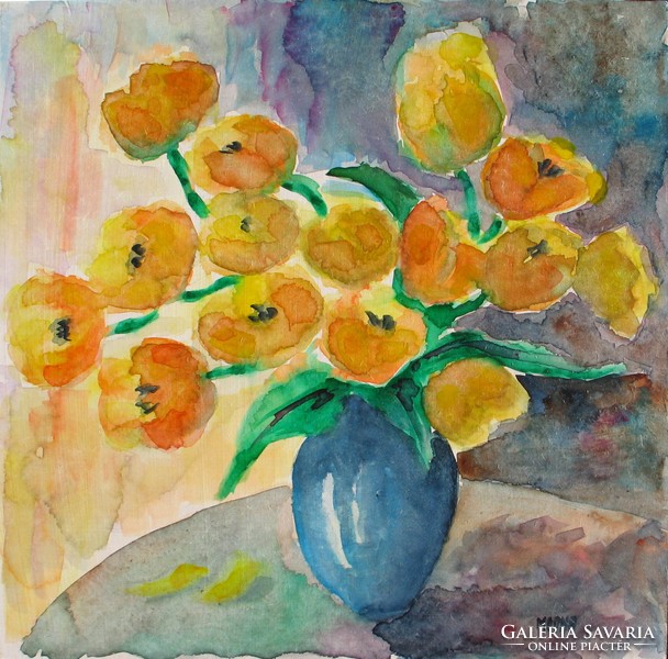 Moona - Sárga tulipánok EREDETI akvarell festmény