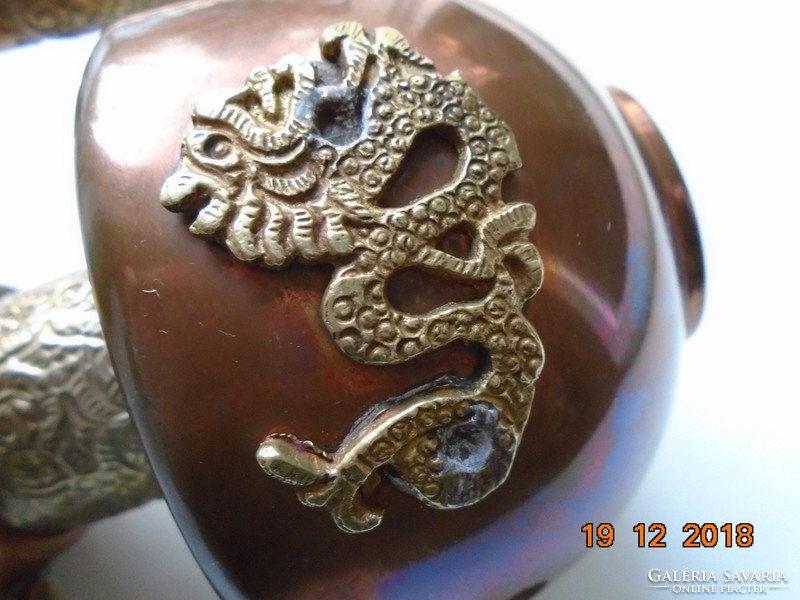 Tibetan Nepalese dragon red copper decorative spout with applied chiseled silver-plated copper decoration 24 cm