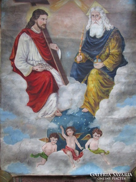 The Holy Trinity very old church painting oil + canvas angel putto extraordinary