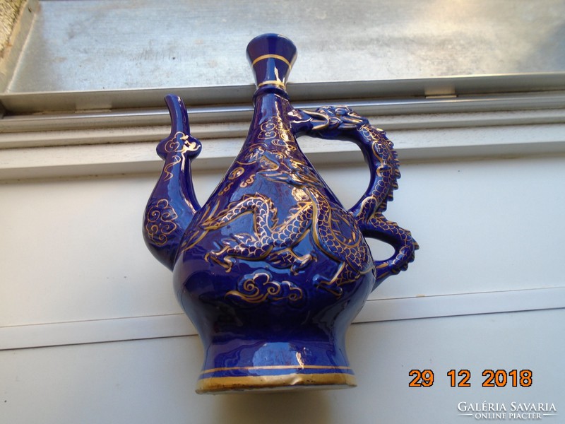 With hand-painted gold, convex-crested dragons, cobalt blue oriental spout-30 cm