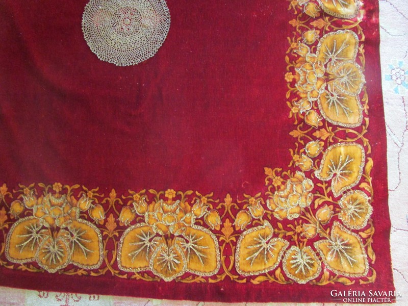 Art Nouveau red velvet marked tablecloth meticulously gold embroidered 1908 Hungarian handwork museum