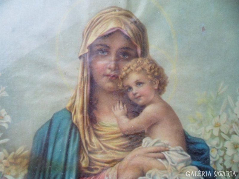 Mária kis Jézussal liliomokkal régi falikép arany keretben