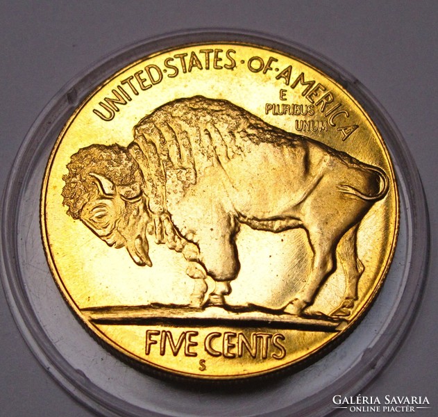 Buffalo 5 cent 1913 S,aranyozott,nagyméretű emlékérem.