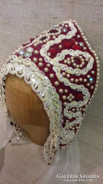 Russian folk headdress with pearls, sequins and stones