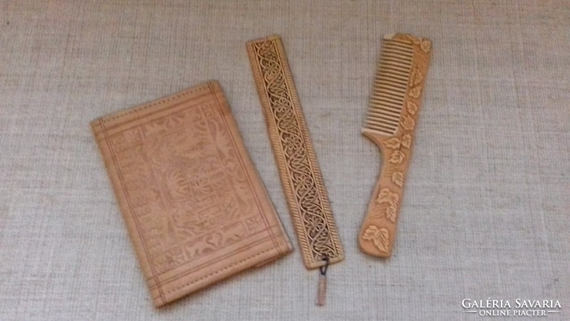 Retro handmade leather wallet with matching comb and gift bookmark all in one