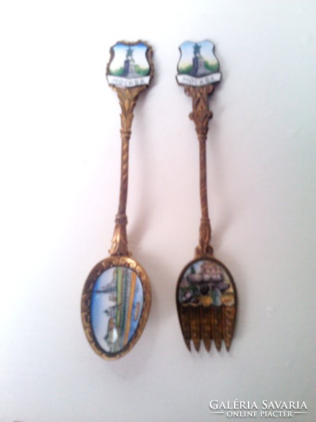 Gilded fire enamel small spoon and fork / mock /