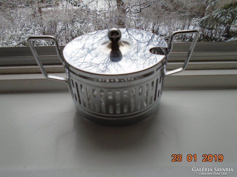 Chrome-plated metal glass with openwork pattern sugar holder lid