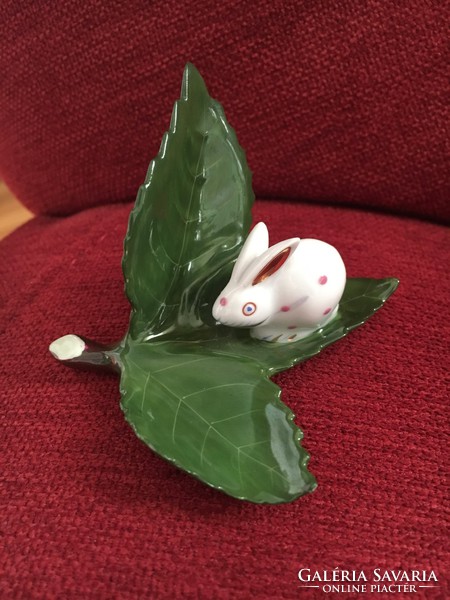 Herend mini bunny on a leaf - there are 2 blue and pink speckled bunnies