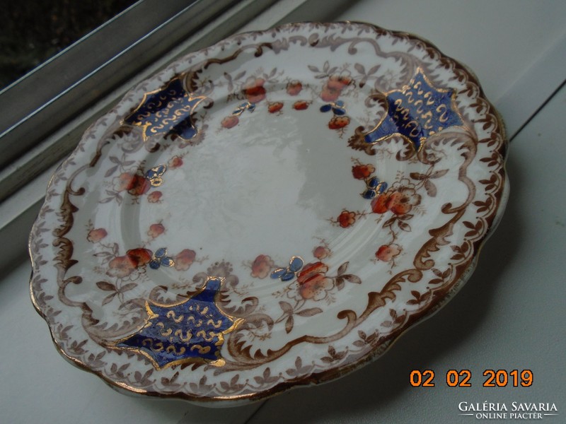 19.sz angol kézzel festett kobalt arany pajzs mintás,virágmintás,dombormimtás tányér készlet 6 db ,