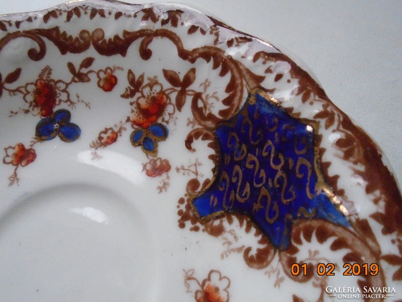 19th English hand-painted cobalt gold shield pattern, flower pattern, relief pattern tea cup with coaster