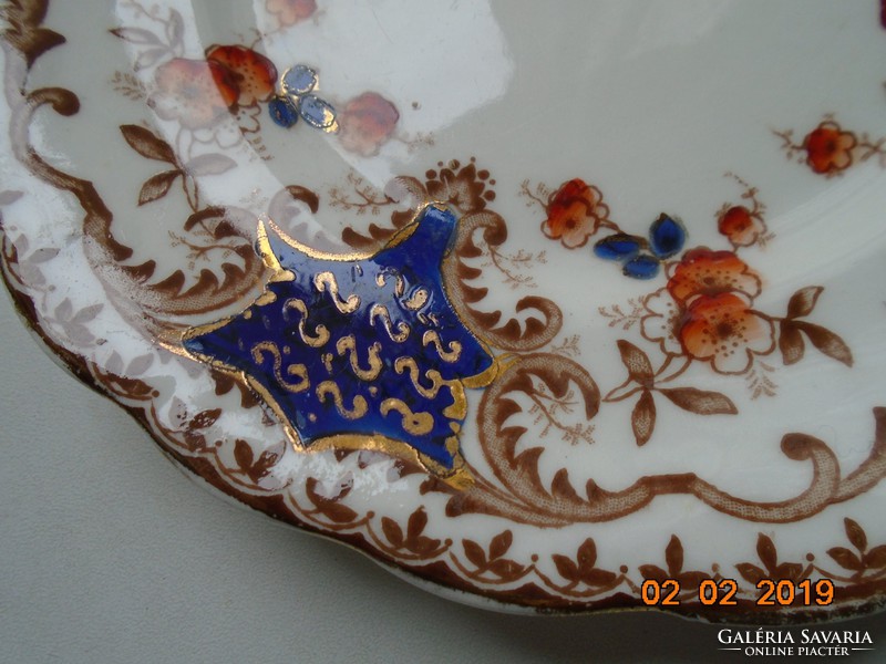 19th English hand-painted cobalt gold shield pattern, flower pattern, embossed plate set of 6 pieces,