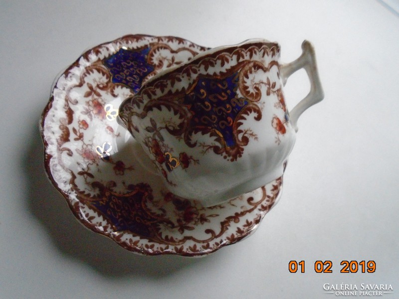 19th English hand-painted cobalt gold shield pattern, flower pattern, relief pattern tea cup with coaster