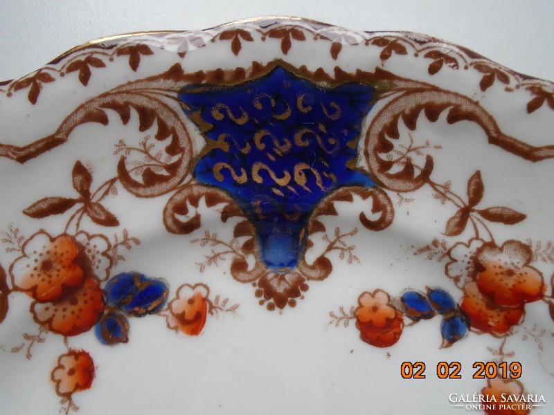19th English hand-painted cobalt gold shield pattern, flower pattern, embossed plate set of 6 pieces,