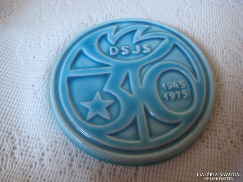 Zsolnay blue, commemorative plaque with inscription dsjs, diameter 10 cm