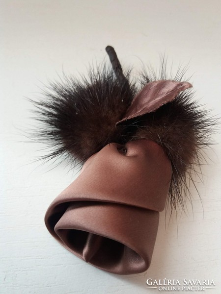 Handmade leather and mink fur and silk rose brooch pin