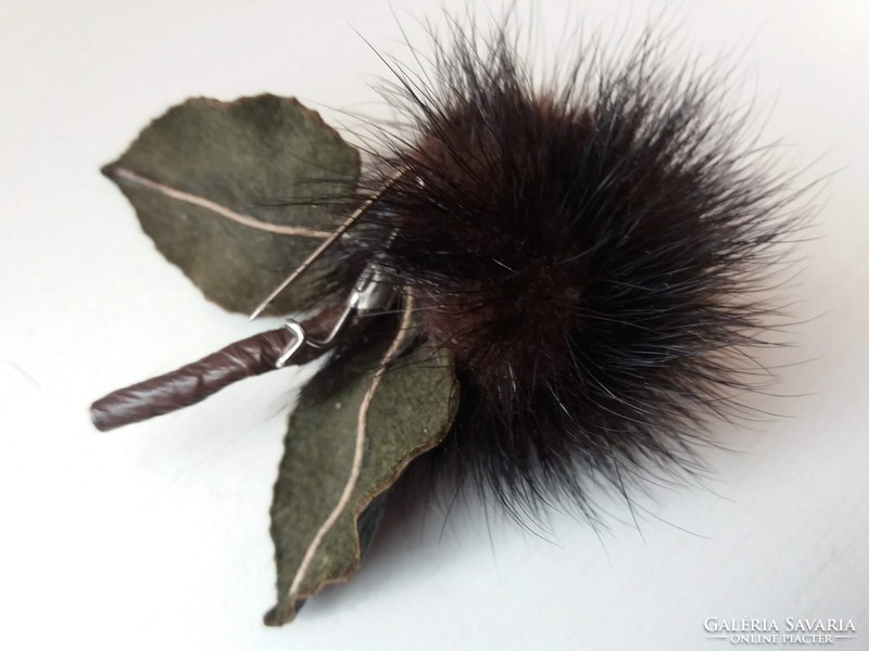 Handmade leather and mink fur rose brooch studded with pearls