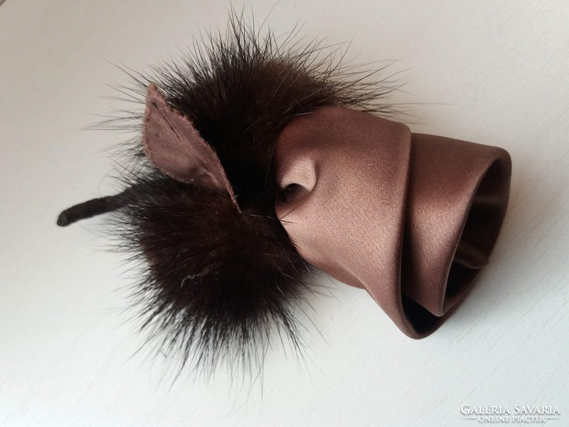 Handmade leather and mink fur and silk rose brooch pin