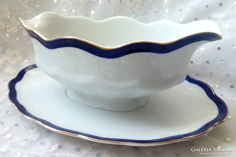 Old czech epiag sauce bowl and salt shaker with blue gold stripe