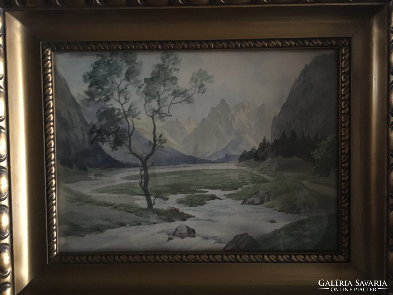 R.DIETZEL::Táj Berchtesgadeni hegyekben patakkal-akvarell-1928-ból