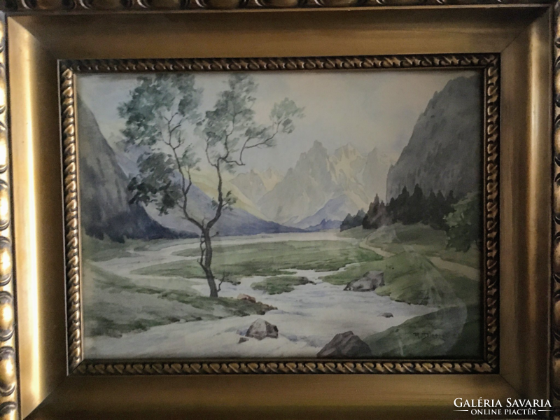 R.DIETZEL::Táj Berchtesgadeni hegyekben patakkal-akvarell-1928-ból
