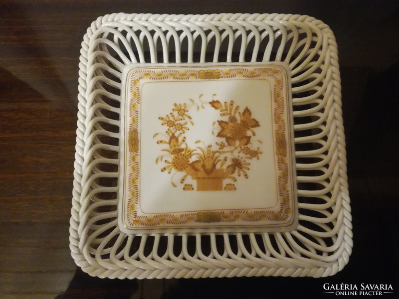 Herend Indian basket pattern orange rectangular bowl with braided edges