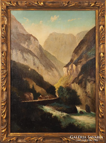 Ismeretlen festő: Alpesi tájkép folyóvölggyel, 19. sz. vége