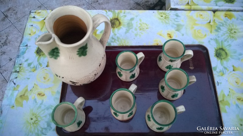 Folk art-cantor-frame 7-piece wine-beverage set-ceramic-spout, 6-handled mug-perfect