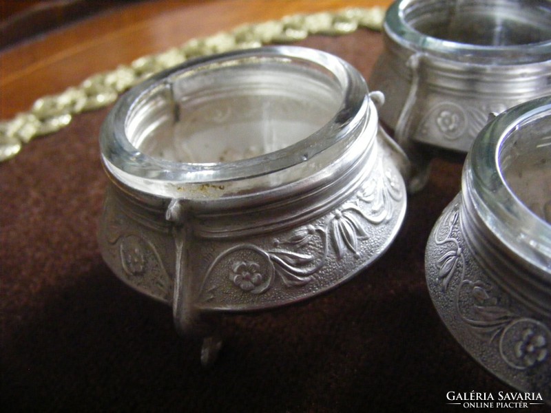 Five wonderful, silver-plated, antique, glass-inset, tabletop spice holders, with a beautiful pattern