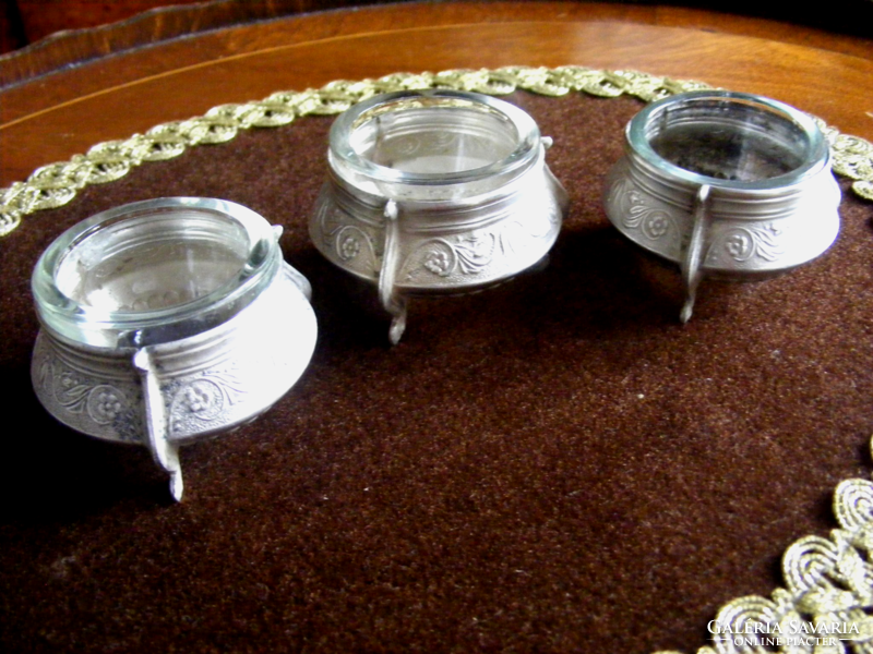 Five wonderful, silver-plated, antique, glass-inset, tabletop spice holders, with a beautiful pattern