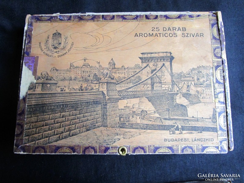 Budapest chain bridge large wooden gift box advertising Hungarian king tobacco excise marked tobacco factory
