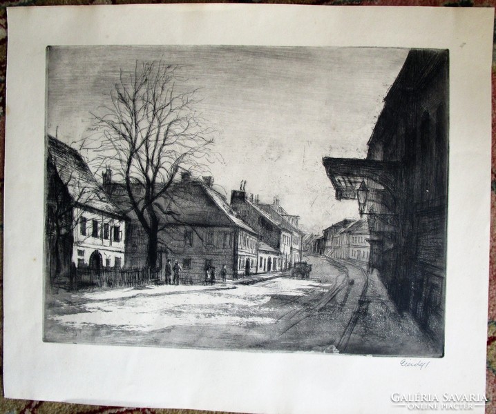 Budapest Castle District Country House Street signed by István Élesdy Signed etching lithograph image before 1972