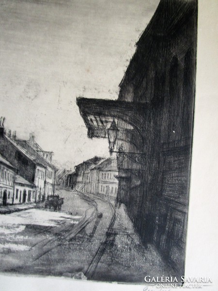 Budapest Castle District Country House Street signed by István Élesdy Signed etching lithograph image before 1972