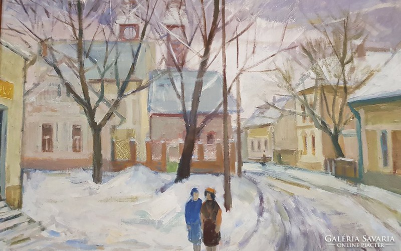 Kamarás skármá - Pécs winter street - framed, signed oil painting