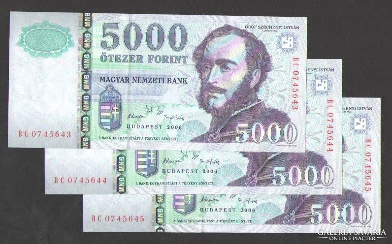 5000 forint 2006.  "BC"., 3 db sorszám követő!!  UNC!!  RITKA!!