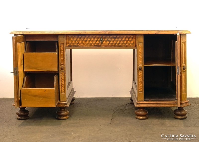 0J846 Antik parketta intarziás barokk íróasztal
