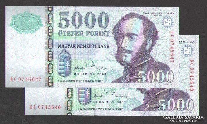5000 forint 2006.  "BC"., 2 db sorszám követő!!  UNC!!  RITKA!!