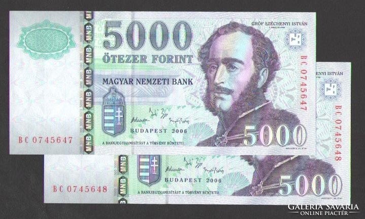 5000 forint 2006.  "BC"., 2 db sorszám követő!!  UNC!!  RITKA!!