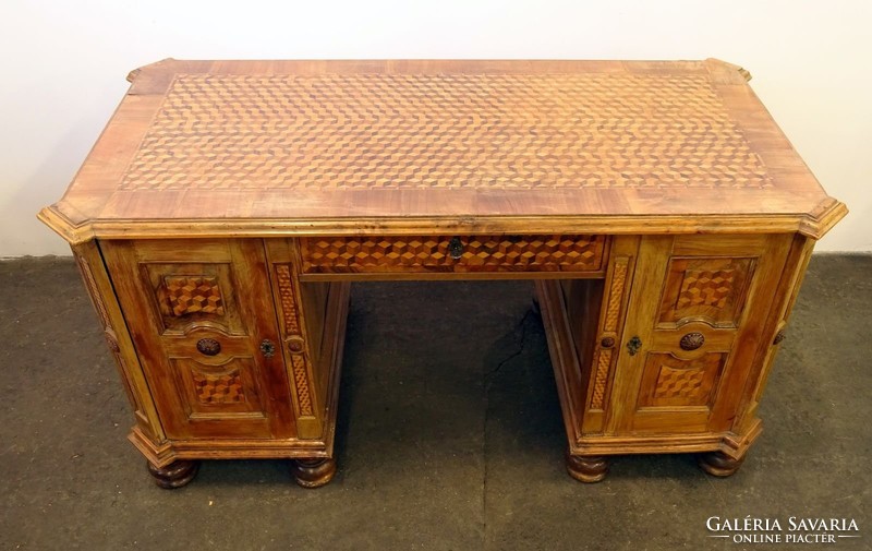 0J846 Antik parketta intarziás barokk íróasztal