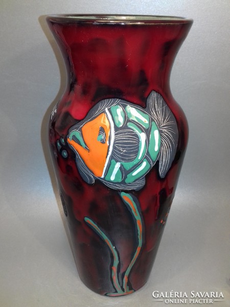 Luigi santi riccione blood red ceramic vase with fish pattern fat lava