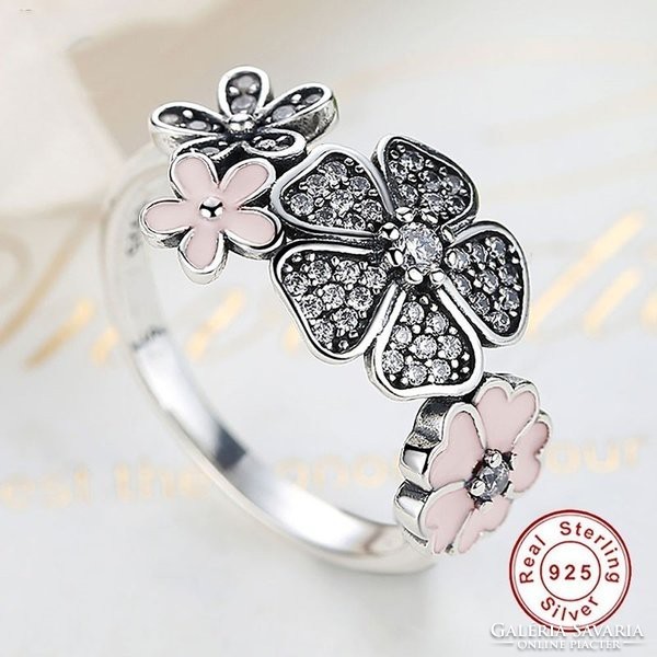 Pink-silver floral ring size 7