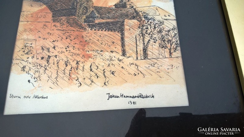 Johan Hammond Rosbach  norvég író képe Rézkarc + akvarell Norvégiából