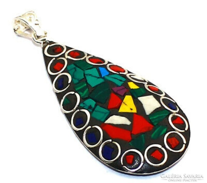 Original Tibetan ethnic pendant with malachite, coral and turquoise silver coating