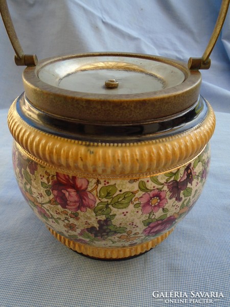 XIX. sz. MAJOLIKA tároló edény nysilver szájnyílás peremmel, tetővel és fogantyúval