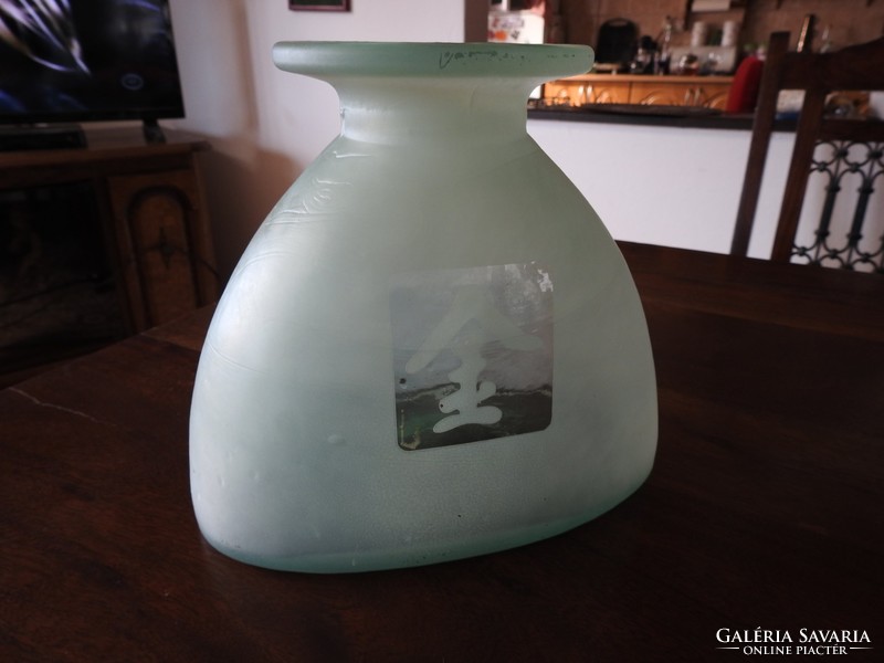 Unique heavy oriental pale green glass vase