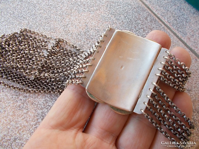 Antik tízsoros ezüst nyaklánc drágakövel és gyönggyel 112gr,800 fin.