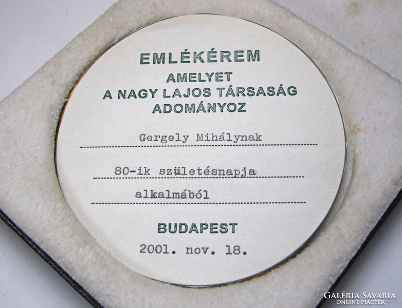 Nagy Lajos (író) plakett, Gergely Mihály írónak adományozva.2001