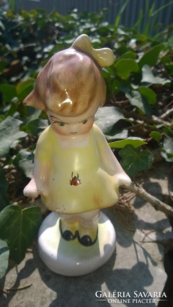 Retro Bodrogkeresztúr ceramic figurine with little girl ladybug