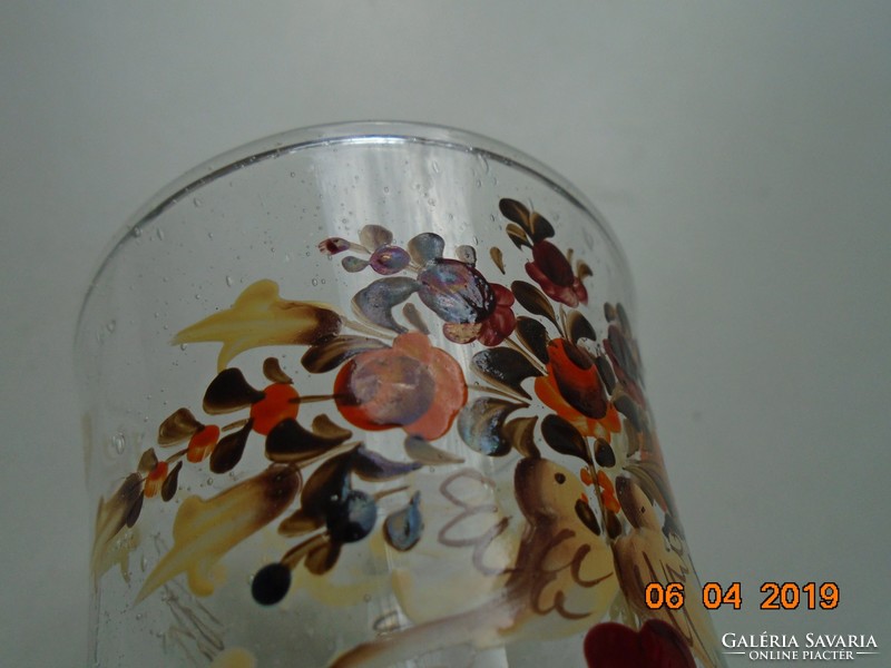 Biedermeier hand painted flower, bird, heart pattern, bubble craft glass