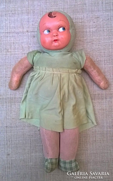 Antique handmade straw hand painted rubber head doll