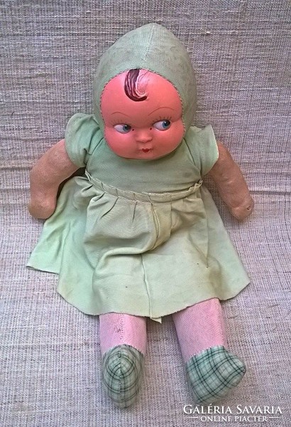 Antique handmade straw hand painted rubber head doll